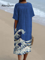 Japanese Ukiyo-e Wave Decorative Pattern Flowy Dress
