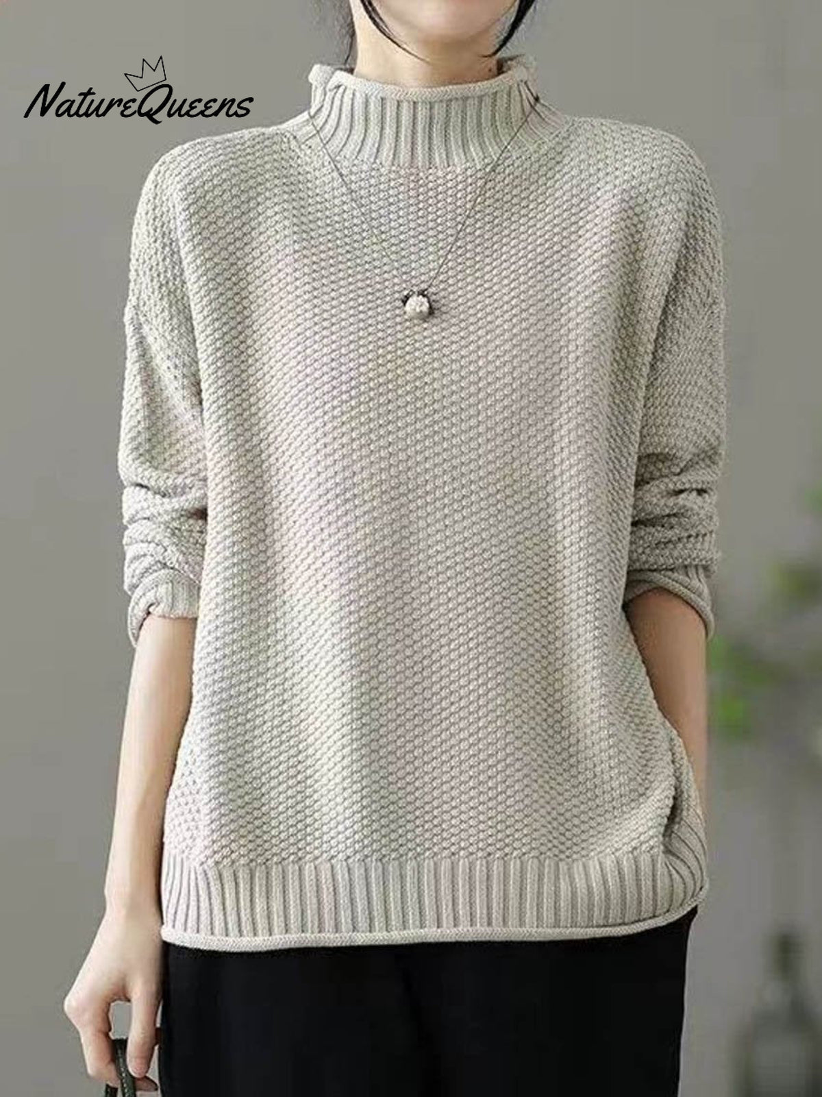 Women's Retro Solid Color Loose Elegant Half Turtleneck Casual Pullover Knitted Sweater