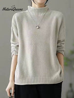 Women's Retro Solid Color Loose Elegant Half Turtleneck Casual Pullover Knitted Sweater