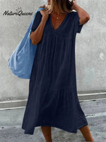 Women's V-Neck Short Sleeve Cotton And Linen Midi Dress