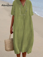 Women’s Solid Color Cotton And Linen Short Sleeve Dress Light Green / S