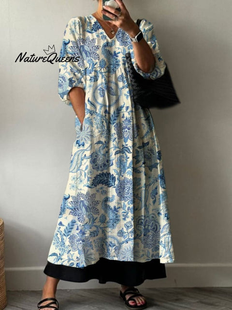 Women's  Retro Flower Print Pocket V-neck Cotton Dress