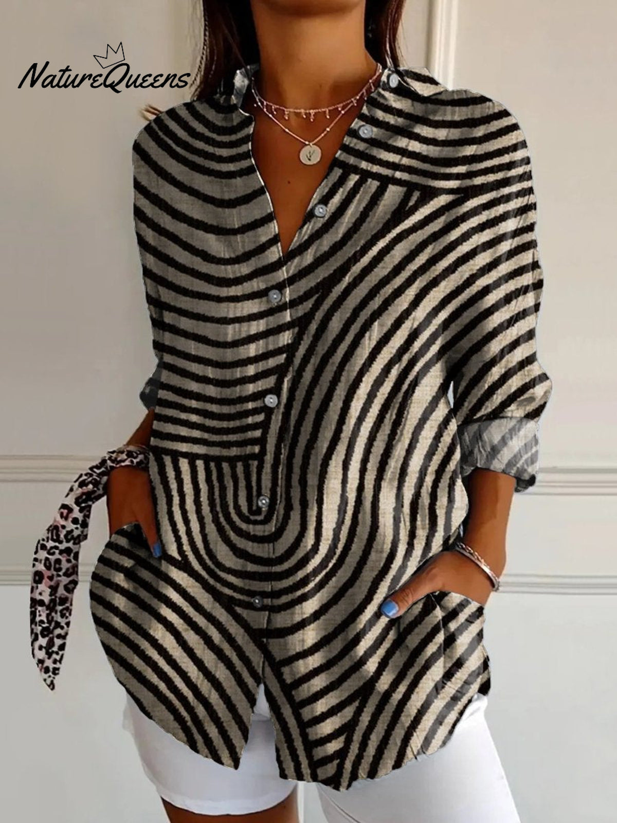 Women's Geometric Hand Drawn Circle Line Pattern Print Casual Cotton Shirt