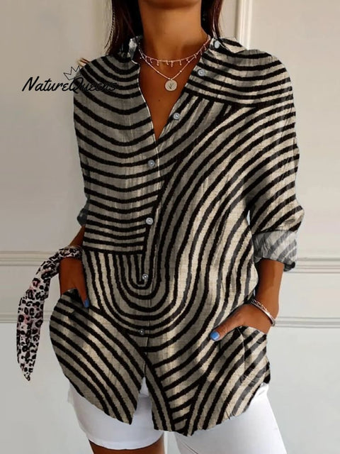 Women's Geometric Hand Drawn Circle Line Pattern Print Casual Cotton Shirt