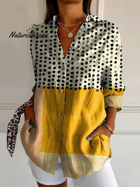 Women's Yellow Color-blocked Dots Print Casual Cotton And Linen V-neck Shirt