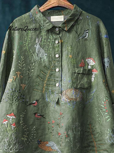 Woodland And Animals Repeat Pattern Printed Women's Casual Cotton And Linen Shirt