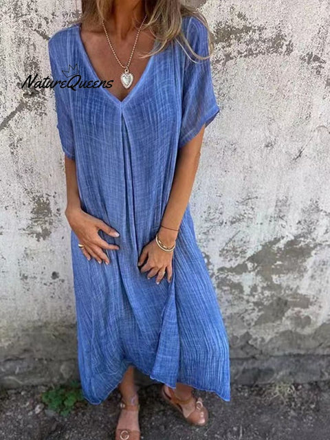 Stylish Cotton And Linen V - Neck Dress Blue / Xs