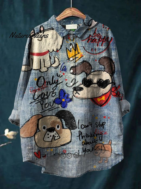 Cute Dog Art Print Casual Cotton And Linen Shirt