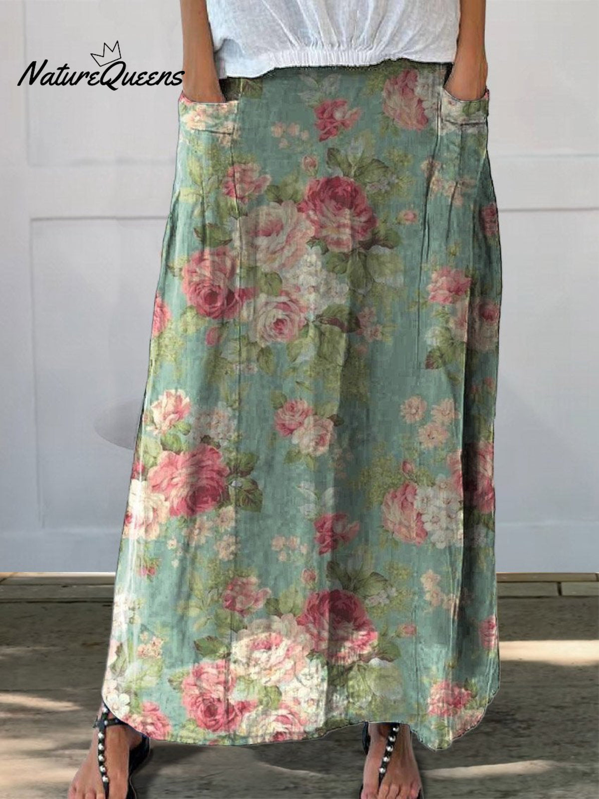 Women’s Retro Floral Art Print Linen Pocket Skirt