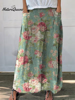 Women’s Retro Floral Art Print Linen Pocket Skirt
