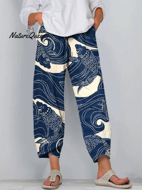 Women's Fish  Art  Printed Cotton And Linen Casual Pants