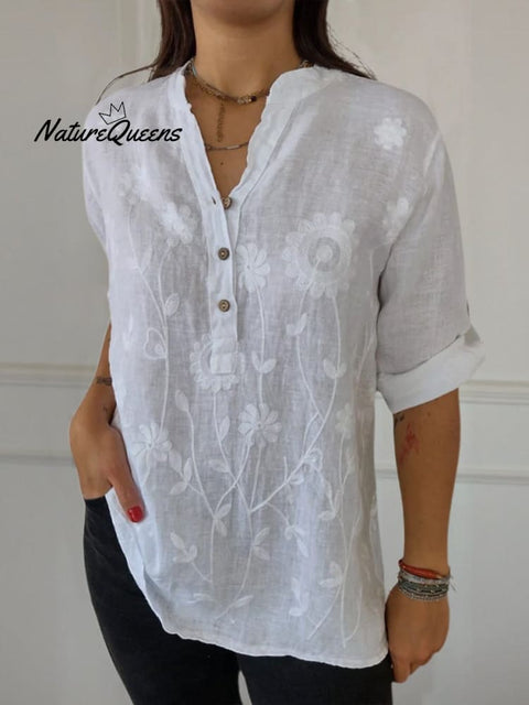 Women's Art Print Casual Cotton And Linen Henry Collar Shirt