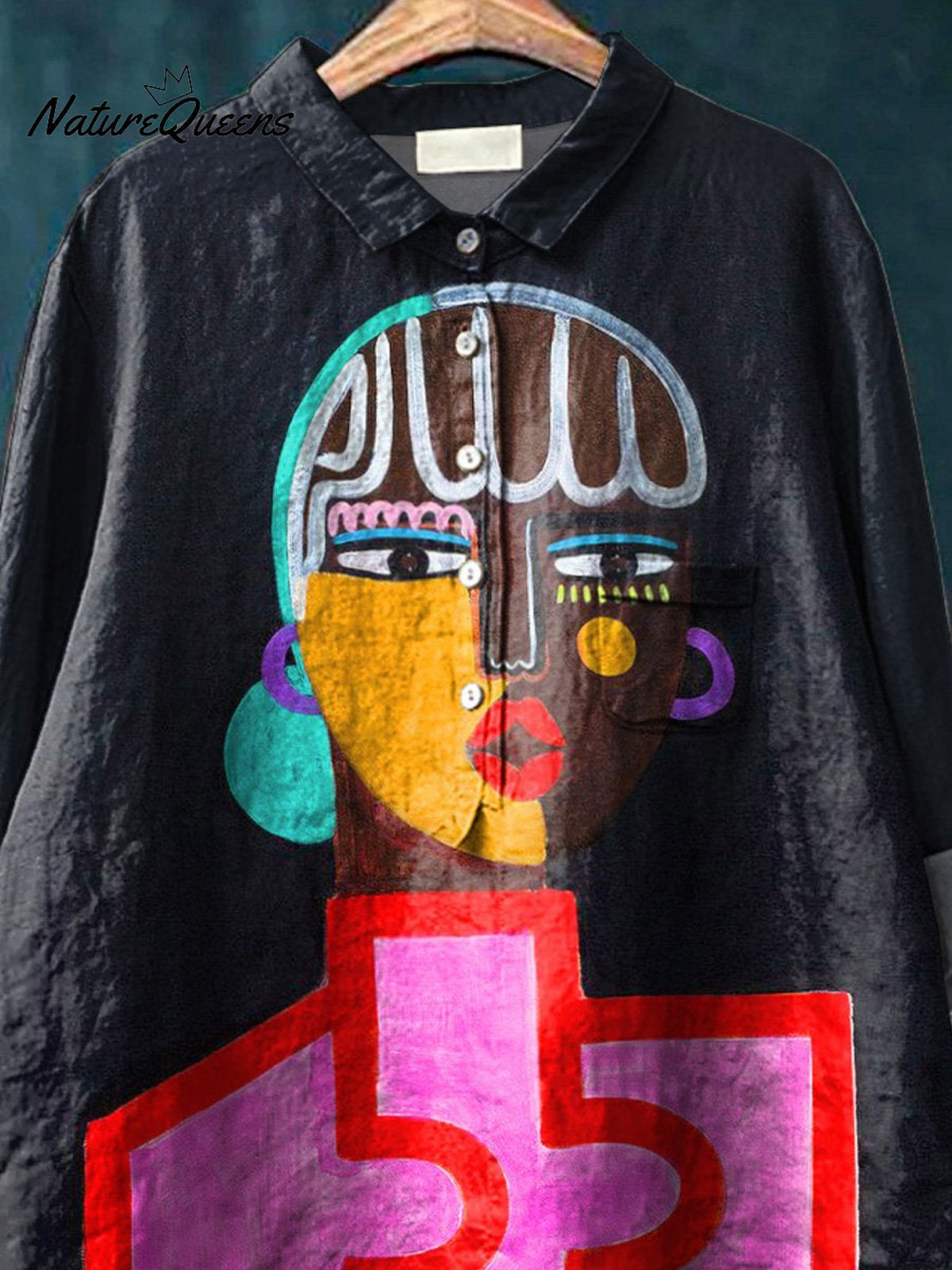 African Tribal Lady Portrait Art Printed Women's Casual Cotton And Linen Shirt