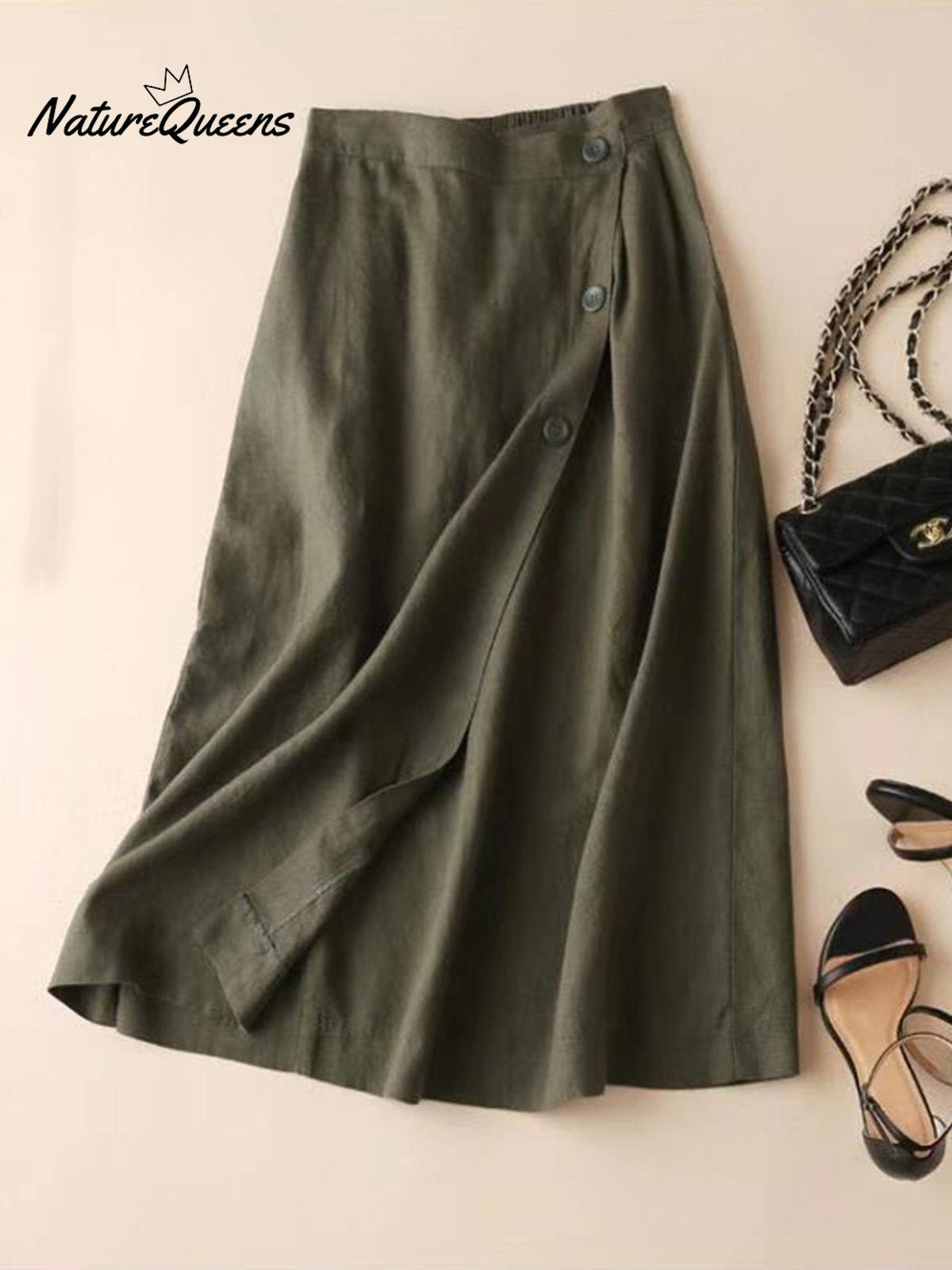 Women’s Summer Cotton And Linen Mid-Length Skirt Armygreen / M