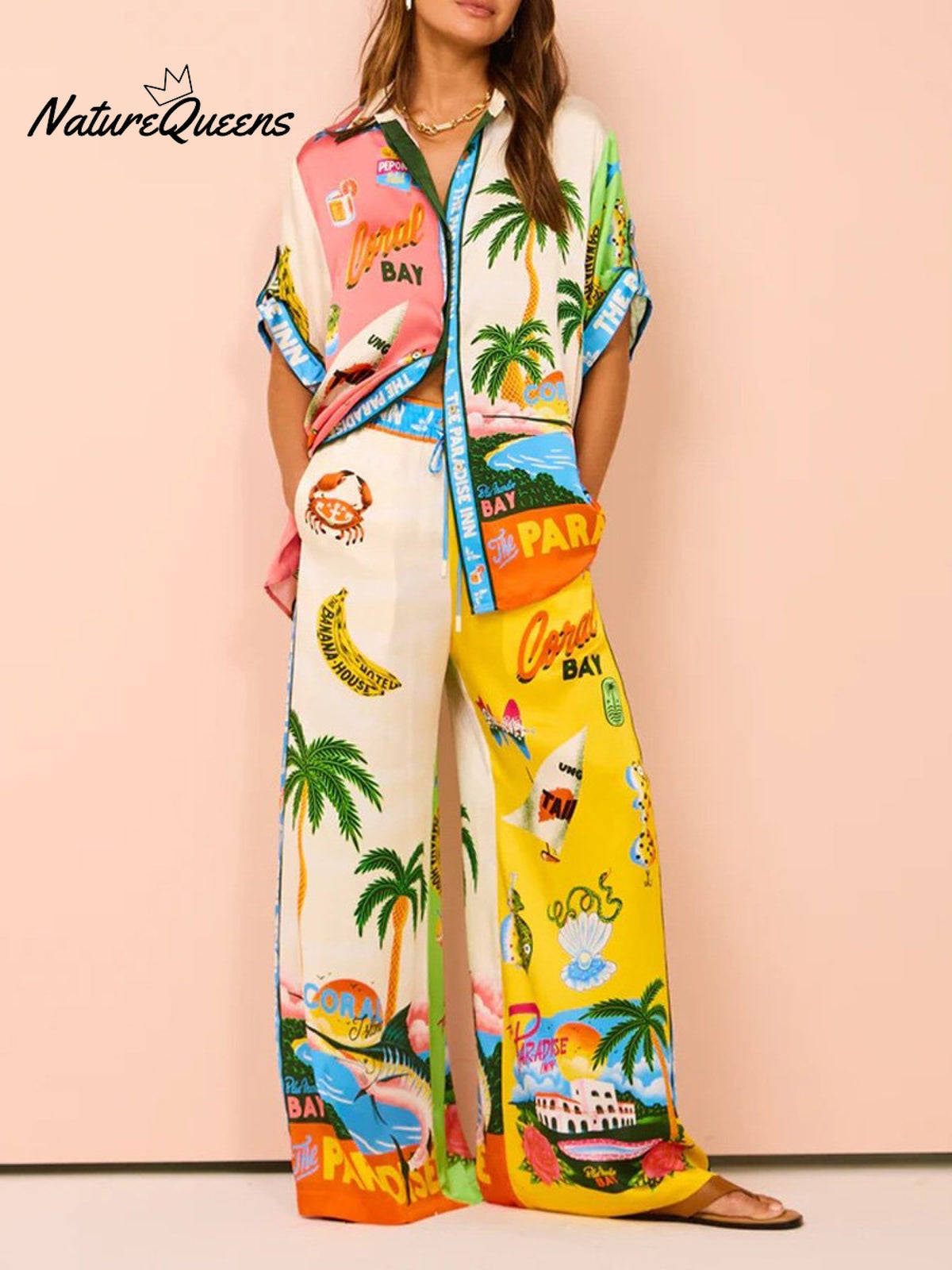 Women’s Printed Short Sleeve Shirt And Trousers Casual Suit