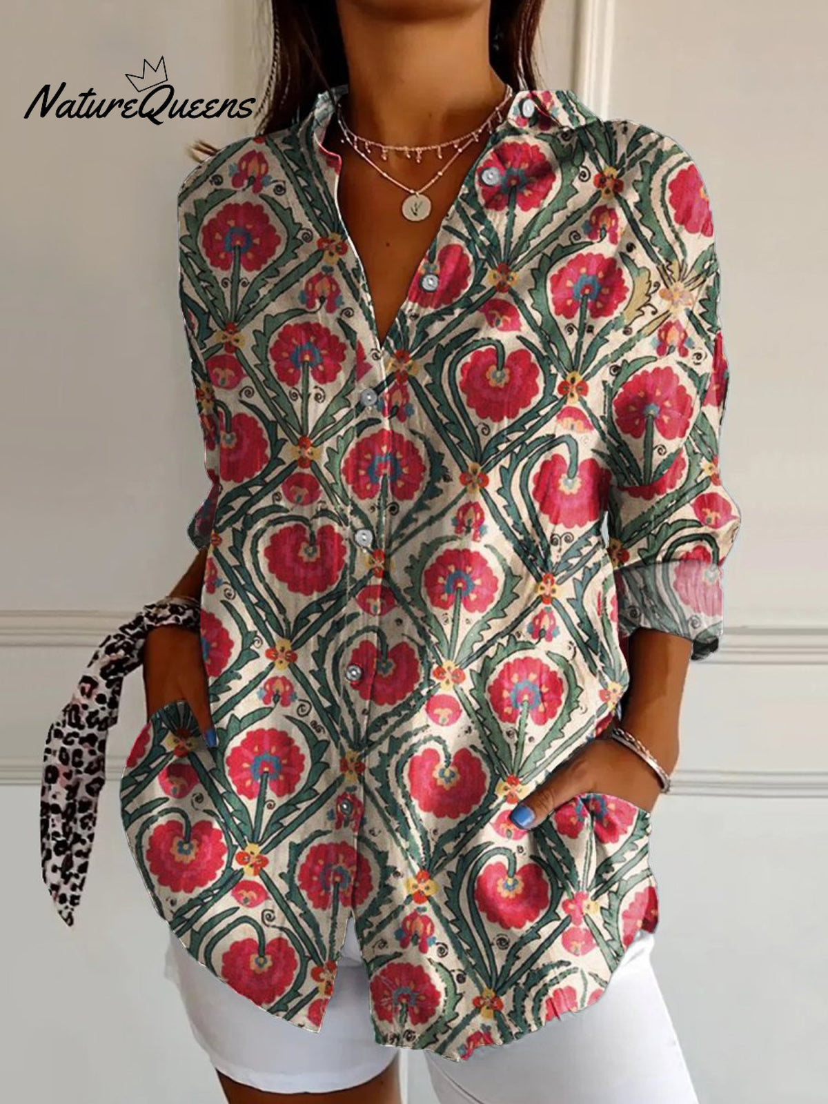 Women'sFlower Art Print Casual Cotton Shirt