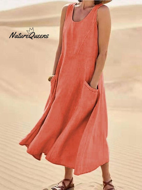 Women Sleeveless Sundress Elegant Round Neck Cotton Linen Solid Long Tank Casual Summer Dress