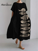 Women's Vintage Lovely Fish Art Print Large Size Loose Casual Dress