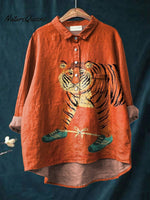 Funny Tiger Graphic Printed Women's Casual Cotton And Linen Shirt