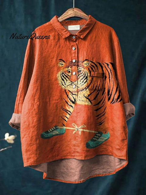 Funny Tiger Graphic Printed Women's Casual Cotton And Linen Shirt