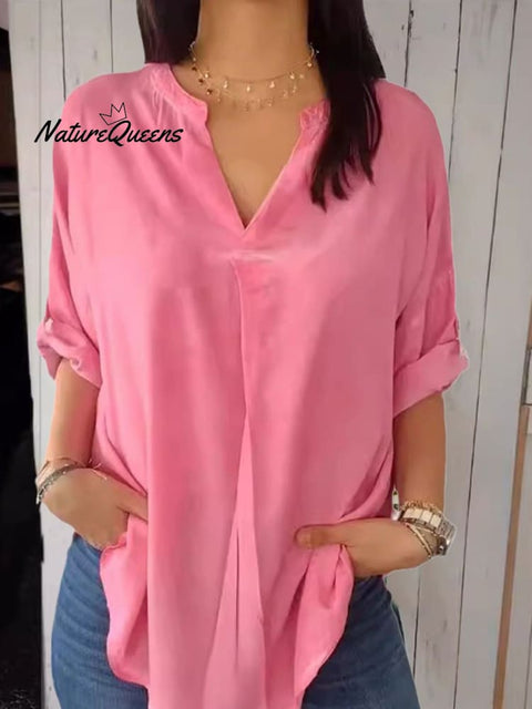 Women's  Solid Color Casual Cotton And Linen  V-neck Shirt