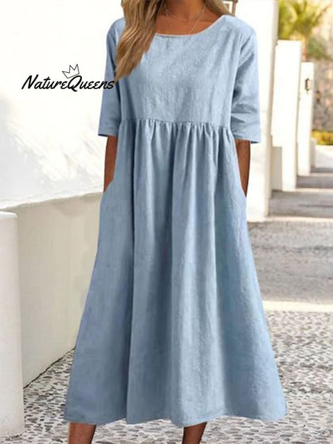 5 - Quarter Sleeve Casual Loose Solid Color Cotton And Linen Dress Blue / S