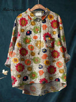 Women's Floral Art Print Casual Cotton And Linen Shirt