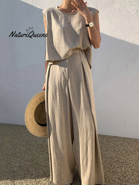 Women’s Tank Vest Outfits Wide Leg Trousers Set Khaki / S