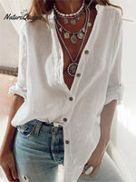 Women’s Solid Color Loose Elegant V - Neck Long - Sleeved Cotton Shirt White / S