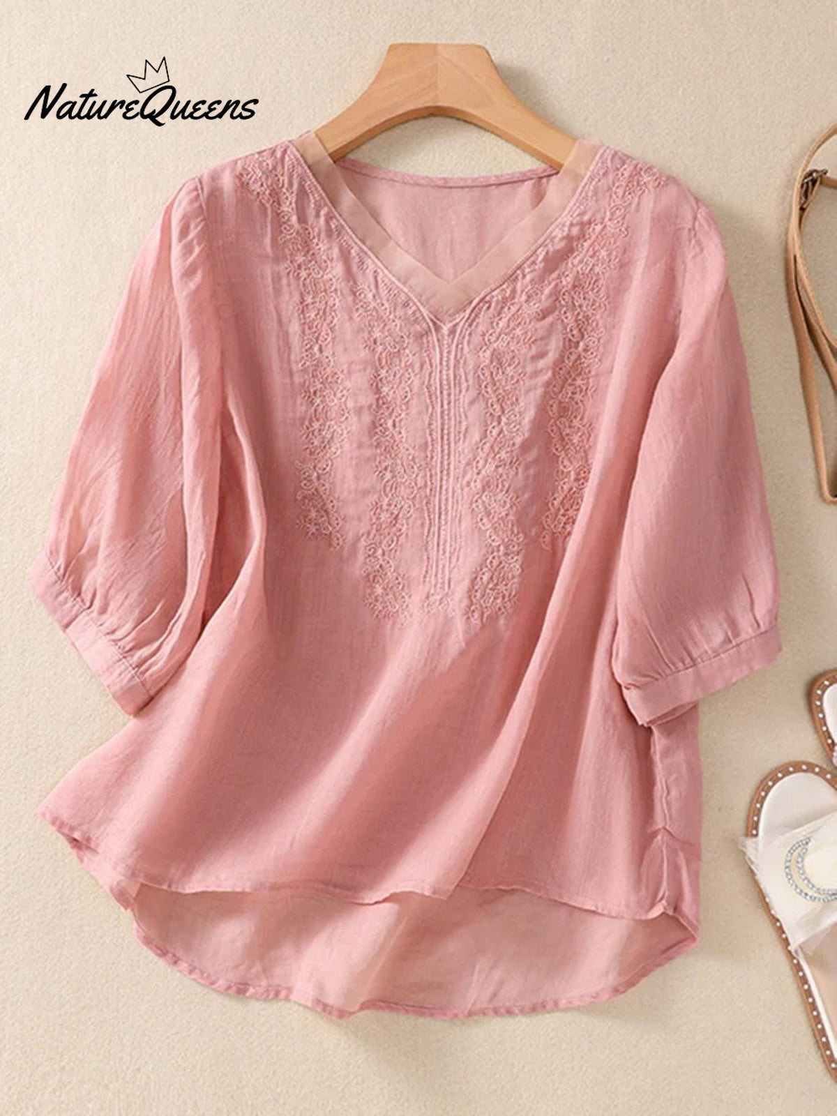 Women's Vintage Embroidered Cotton and Linen Top