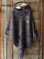 Women's Floral Art Print Casual Knitted Blanket Poncho Hood Cape
