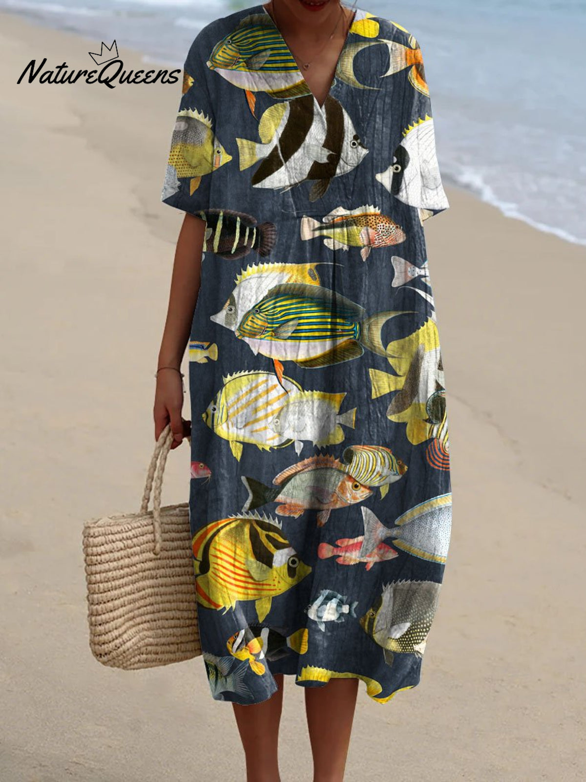 Women's Vintage Lovely Fish Art Print Flowy Dress