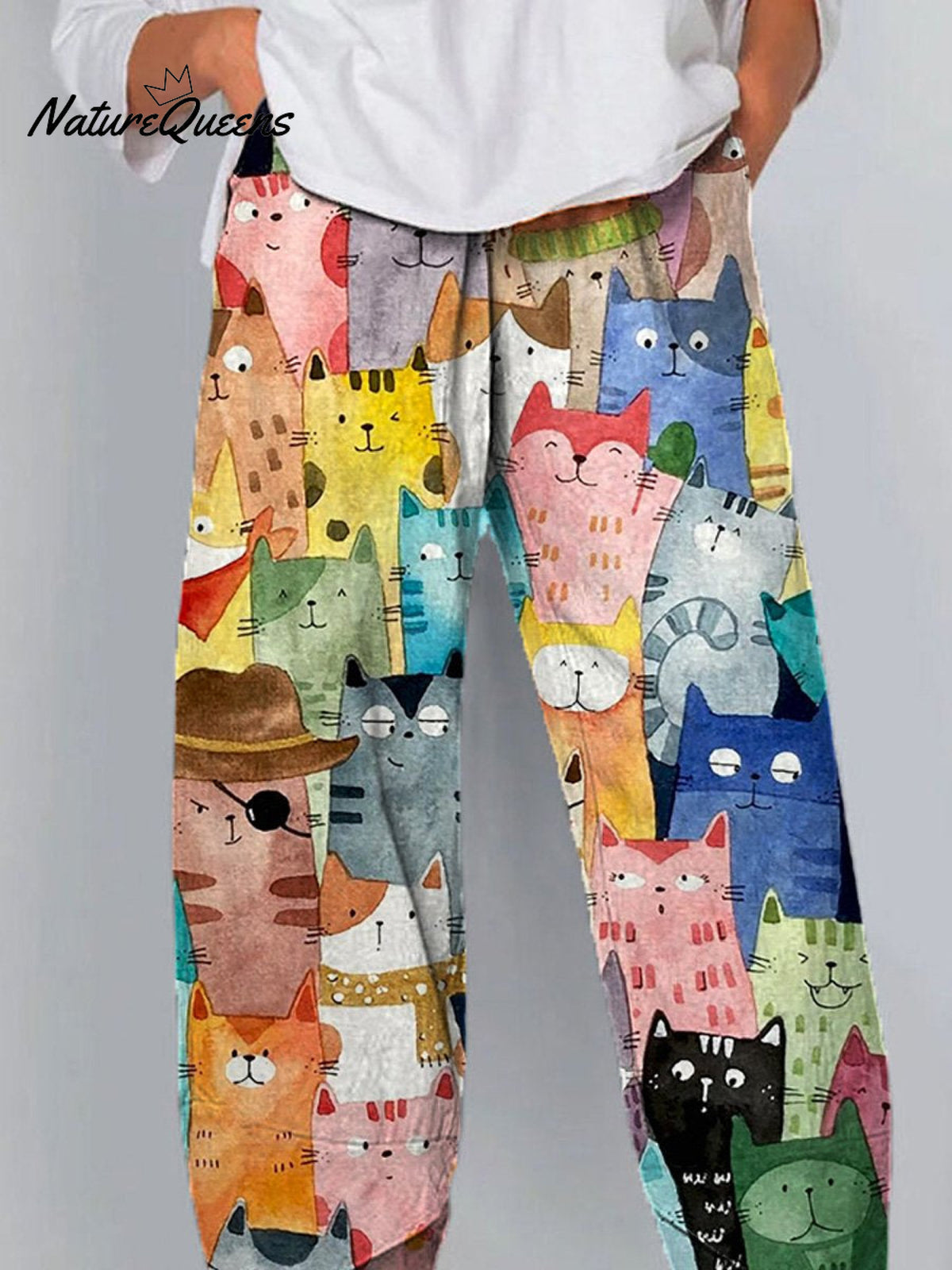 Watercolor Cute Cats Repeat Pattern Printed Women's Cotton And Linen Casual Pants