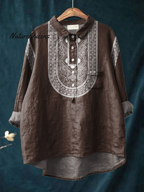 Ethnic Style Geometric Pattern Printed Women's Casual Cotton And Linen Shirt