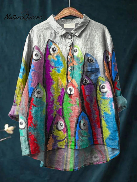 Funny Colorful Sardine Fish Art Printed Women's Casual Cotton And Linen Shirt