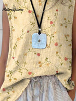 Women’s Retro Elegant Floral Art Print Casual Cotton And Linen Tank Top