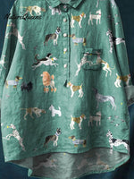 Vintage Lovely Dogs Art Print Casual Cotton And Linen Shirt