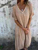 Stylish Cotton And Linen V - Neck Dress Apricot / Xs