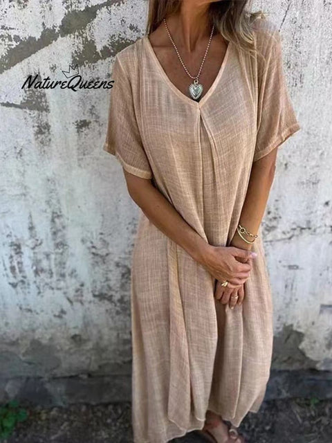 Stylish Cotton And Linen V - Neck Dress Apricot / Xs