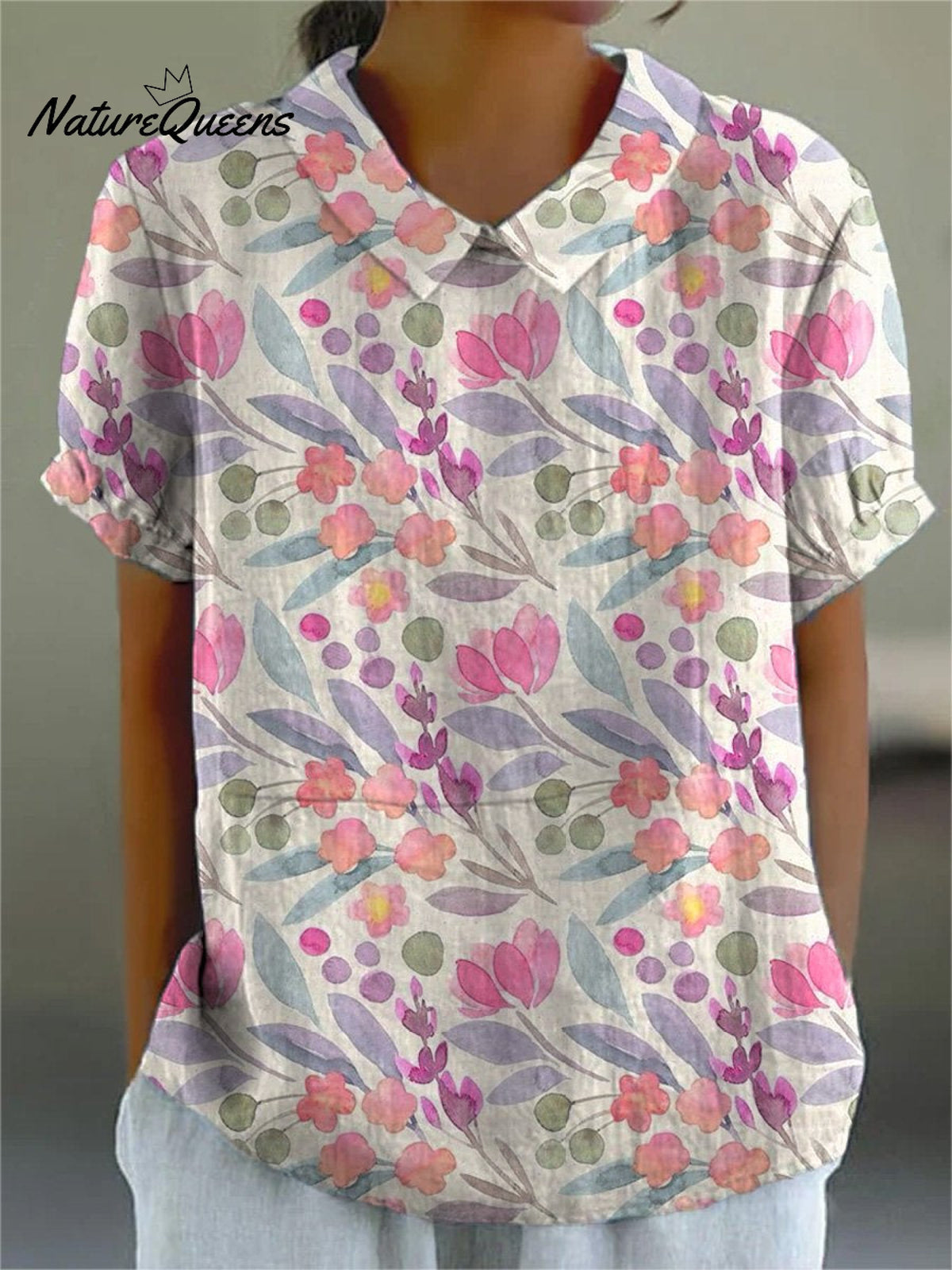 Watercolor Spring Garden Floral Repeat Pattern Printed Women’s Casual Cotton And Linen Shirt