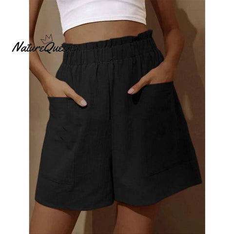 Cotton And Linen Wear High - Waisted Shorts With Buds Black / S