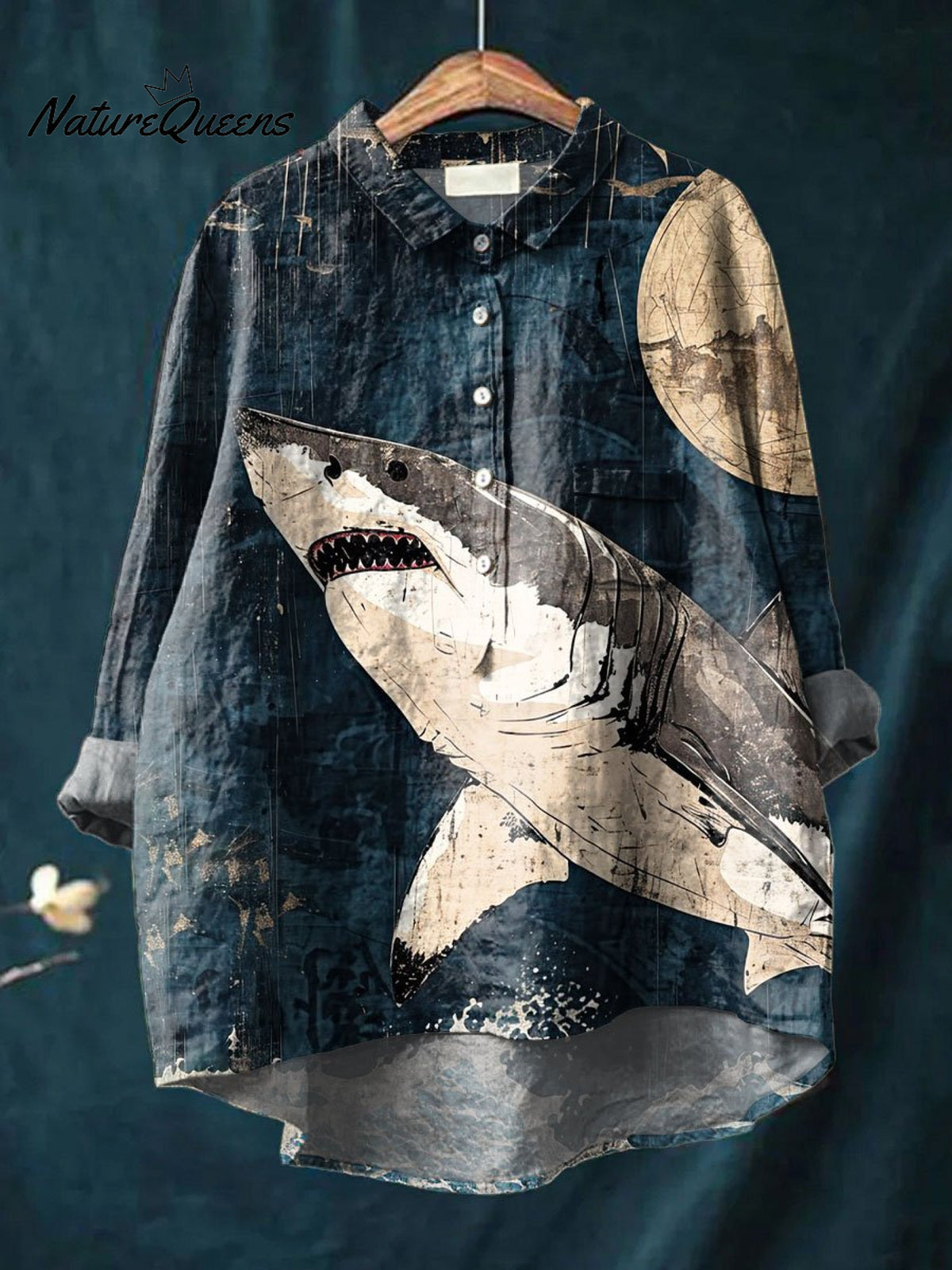 Women's Vintage Giant Shark Art Print Casual Cotton And Linen Shirt