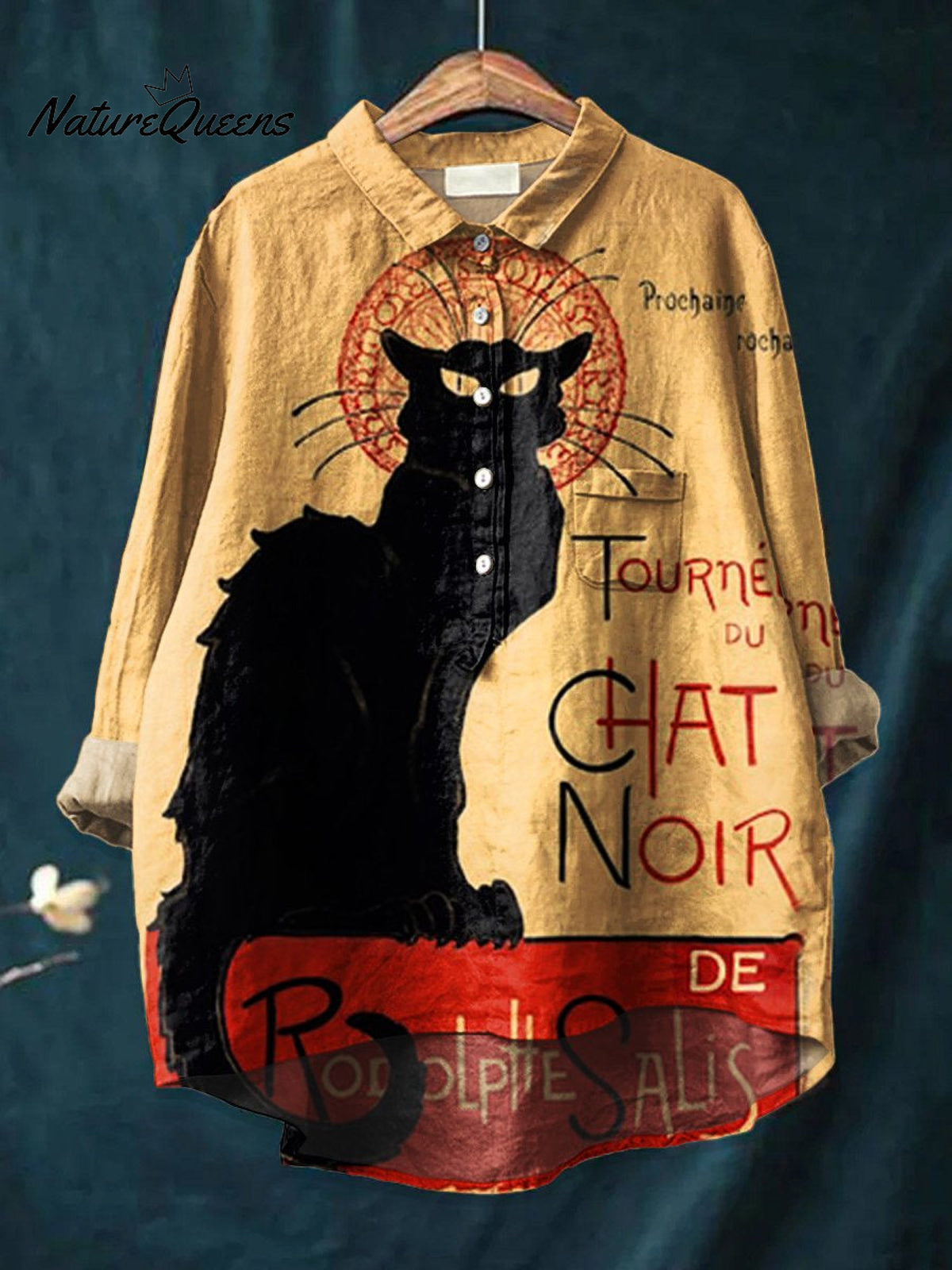 Women's Retro Black Cat Art Print Casual Cotton And Linen Shirt