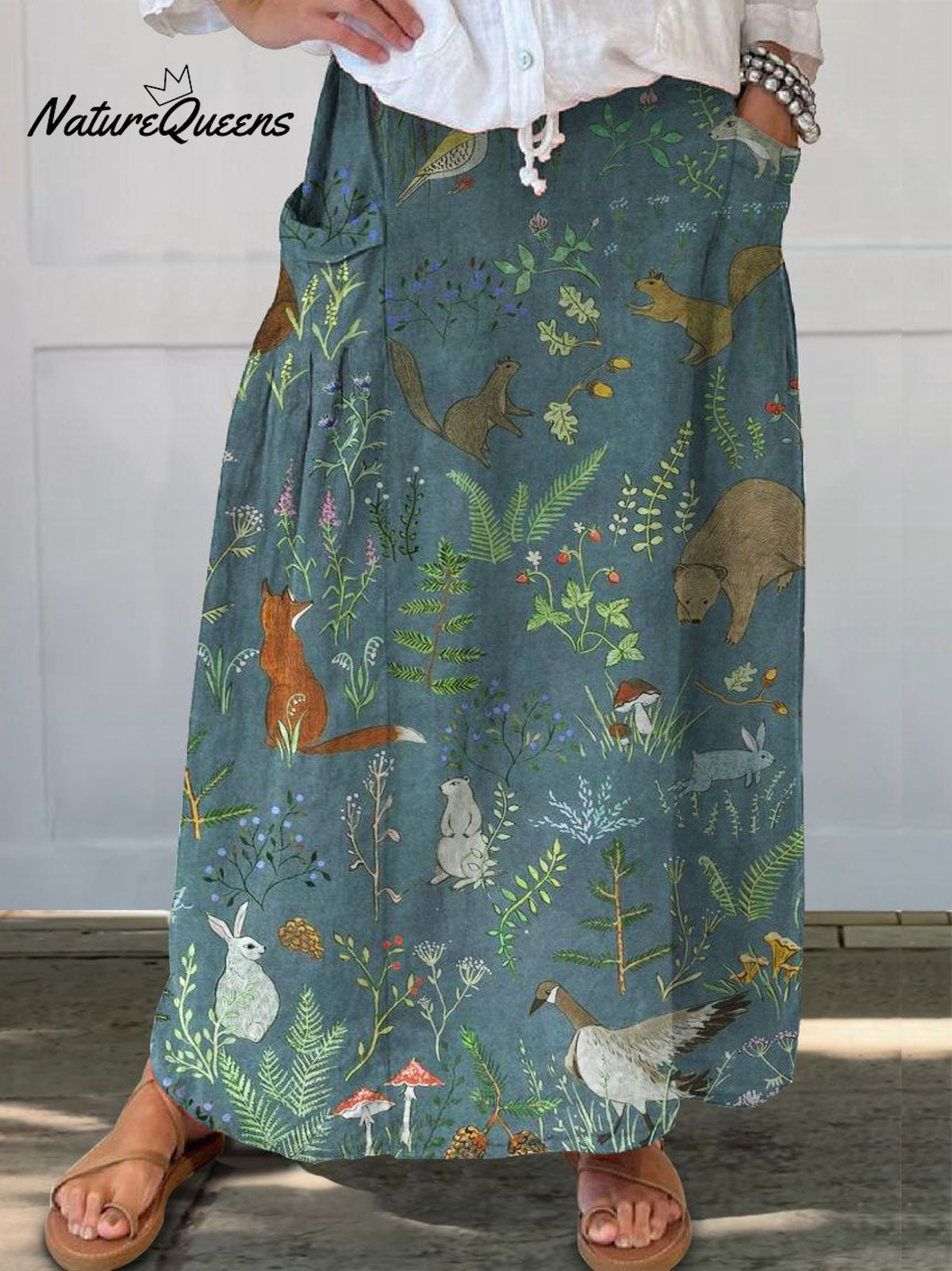 Women’s Retro Floral Animals Art Casual Linen Pocket Skirt Multicolor / S