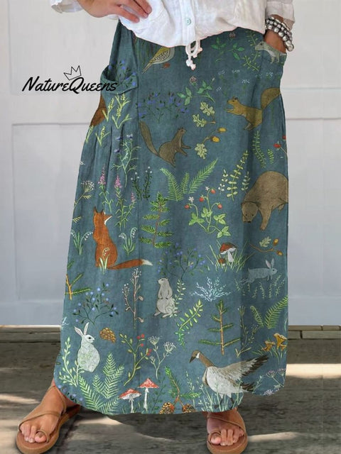 Women’s Retro Floral Animals Art Casual Linen Pocket Skirt Multicolor / S