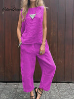Women’s Tank And Casual Pants Linen Cotton Suit Purple / S