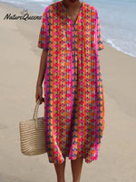 Colorful Geometric Floral Pattern Printed Women's Flowy Dress