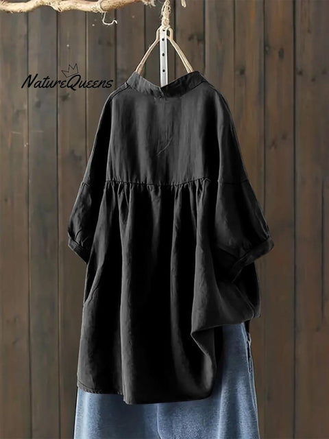 Women's Single Breasted Solid Color Pullover Casual Loose Cotton And Linen Shirt