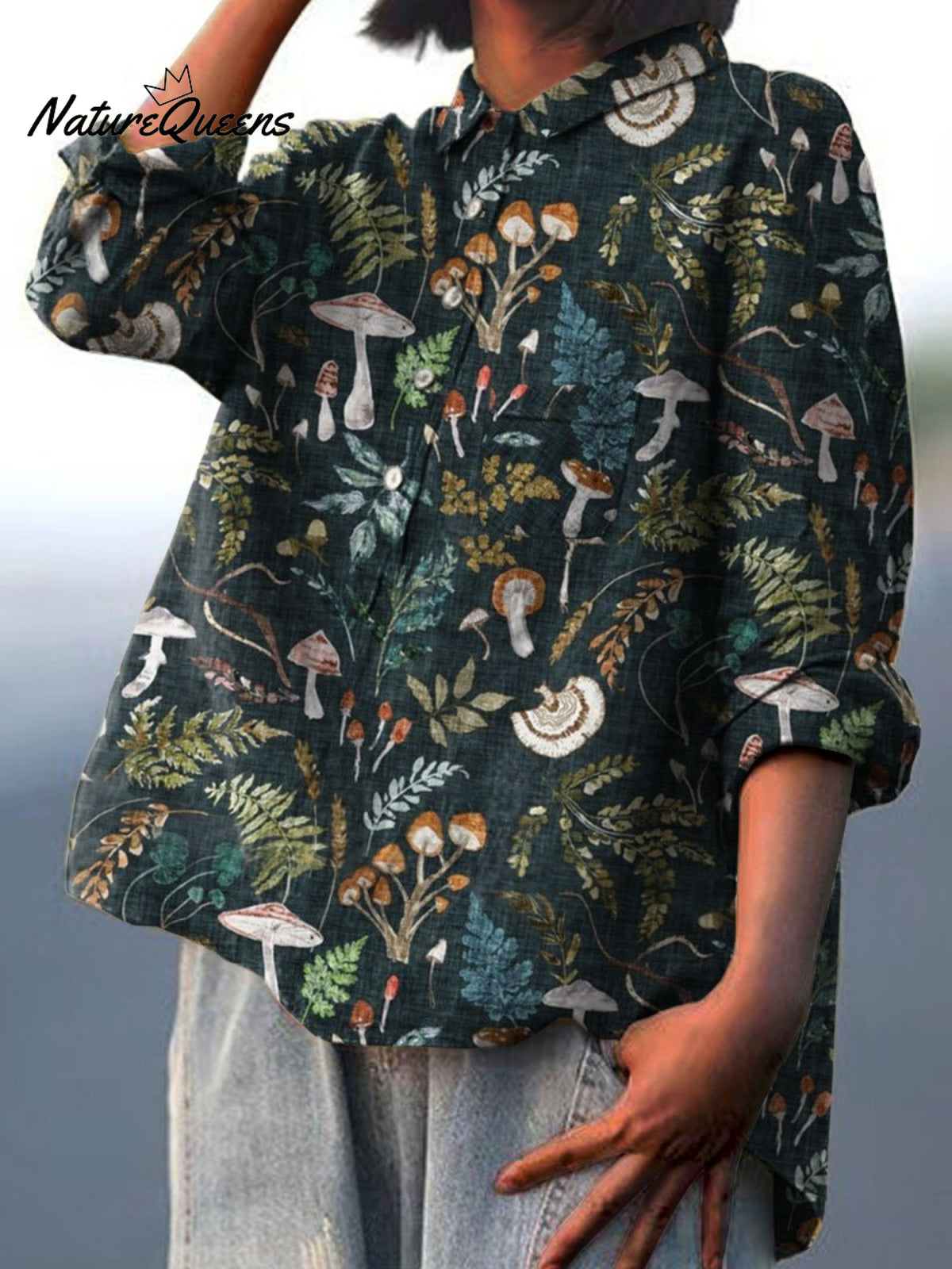 Women's Mushroom Art Print Casual Cotton And Linen Shirt