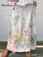 Women’s Retro Elegant Floral Art Linen Elastic Waistband Pocket Skirt Style - 3 / S